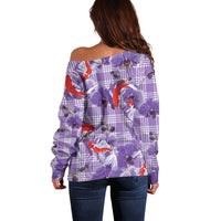 Lavender Palaka Hawaii Aloha Off Shoulder Sweater Koi Pond Mix Orchids - Polynesian Pride