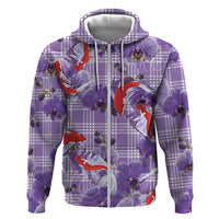 Lavender Palaka Hawaii Aloha Zip Hoodie Koi Pond Mix Orchids - Polynesian Pride