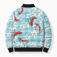 Turquoise Palaka Hawaii Aloha Bomber Puffer Jacket Koi Pond Mix Plumeria - Polynesian Pride