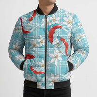 Turquoise Palaka Hawaii Aloha Bomber Puffer Jacket Koi Pond Mix Plumeria - Polynesian Pride