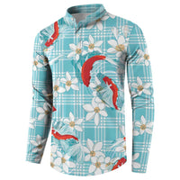 Turquoise Palaka Hawaii Aloha Button Sweatshirt Koi Pond Mix Plumeria - Polynesian Pride