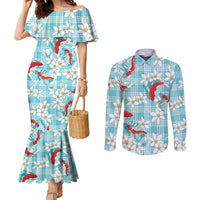 Turquoise Palaka Hawaii Aloha Couples Matching Mermaid Dress and Long Sleeve Button Shirt Koi Pond Mix Plumeria - Polynesian Pride