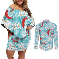 Turquoise Palaka Hawaii Aloha Couples Matching Off Shoulder Short Dress and Long Sleeve Button Shirt Koi Pond Mix Plumeria - Polynesian Pride