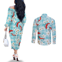 Turquoise Palaka Hawaii Aloha Couples Matching Off The Shoulder Long Sleeve Dress and Long Sleeve Button Shirt Koi Pond Mix Plumeria - Polynesian Pride