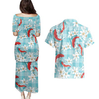 Turquoise Palaka Hawaii Aloha Couples Matching Puletasi and Hawaiian Shirt Koi Pond Mix Plumeria - Polynesian Pride
