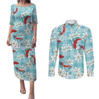 Turquoise Palaka Hawaii Aloha Couples Matching Puletasi and Long Sleeve Button Shirt Koi Pond Mix Plumeria - Polynesian Pride