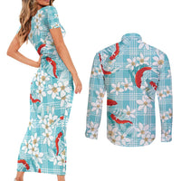 Turquoise Palaka Hawaii Aloha Couples Matching Short Sleeve Bodycon Dress and Long Sleeve Button Shirt Koi Pond Mix Plumeria LT7 - Polynesian Pride