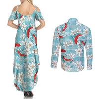Turquoise Palaka Hawaii Aloha Couples Matching Summer Maxi Dress and Long Sleeve Button Shirt Koi Pond Mix Plumeria - Polynesian Pride