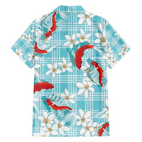 Turquoise Palaka Hawaii Aloha Family Matching Long Sleeve Bodycon Dress and Hawaiian Shirt Koi Pond Mix Plumeria LT7 - Polynesian Pride