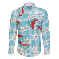 Turquoise Palaka Hawaii Aloha Family Matching Long Sleeve Bodycon Dress and Hawaiian Shirt Koi Pond Mix Plumeria LT7 Dad's Shirt - Long Sleeve Turquoise - Polynesian Pride