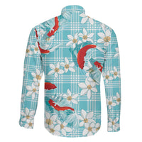 Turquoise Palaka Hawaii Aloha Family Matching Long Sleeve Bodycon Dress and Hawaiian Shirt Koi Pond Mix Plumeria LT7 - Polynesian Pride
