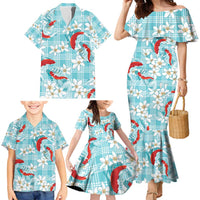 Turquoise Palaka Hawaii Aloha Family Matching Mermaid Dress and Hawaiian Shirt Koi Pond Mix Plumeria LT7 - Polynesian Pride