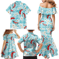 Turquoise Palaka Hawaii Aloha Family Matching Mermaid Dress and Hawaiian Shirt Koi Pond Mix Plumeria LT7 - Polynesian Pride