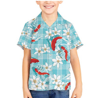 Turquoise Palaka Hawaii Aloha Family Matching Mermaid Dress and Hawaiian Shirt Koi Pond Mix Plumeria LT7 - Polynesian Pride