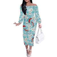 Turquoise Palaka Hawaii Aloha Family Matching Off The Shoulder Long Sleeve Dress and Hawaiian Shirt Koi Pond Mix Plumeria LT7 Turquoise - Polynesian Pride