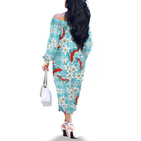Turquoise Palaka Hawaii Aloha Family Matching Off The Shoulder Long Sleeve Dress and Hawaiian Shirt Koi Pond Mix Plumeria LT7 - Polynesian Pride
