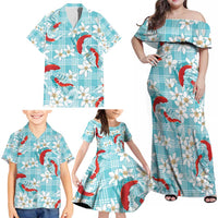 Turquoise Palaka Hawaii Aloha Family Matching Off Shoulder Maxi Dress and Hawaiian Shirt Koi Pond Mix Plumeria LT7 - Polynesian Pride