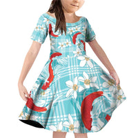 Turquoise Palaka Hawaii Aloha Family Matching Off Shoulder Short Dress and Hawaiian Shirt Koi Pond Mix Plumeria LT7 Daughter's Dress Turquoise - Polynesian Pride