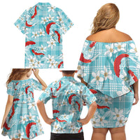 Turquoise Palaka Hawaii Aloha Family Matching Off Shoulder Short Dress and Hawaiian Shirt Koi Pond Mix Plumeria LT7 - Polynesian Pride