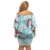 Turquoise Palaka Hawaii Aloha Family Matching Off Shoulder Short Dress and Hawaiian Shirt Koi Pond Mix Plumeria LT7 - Polynesian Pride