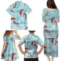 Turquoise Palaka Hawaii Aloha Family Matching Puletasi and Hawaiian Shirt Koi Pond Mix Plumeria LT7 - Polynesian Pride