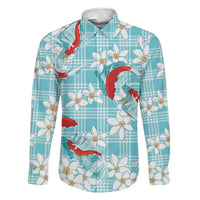 Turquoise Palaka Hawaii Aloha Family Matching Puletasi and Hawaiian Shirt Koi Pond Mix Plumeria LT7 Dad's Shirt - Long Sleeve Turquoise - Polynesian Pride