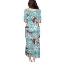 Turquoise Palaka Hawaii Aloha Family Matching Puletasi and Hawaiian Shirt Koi Pond Mix Plumeria LT7 - Polynesian Pride
