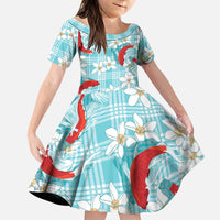 Turquoise Palaka Hawaii Aloha Family Matching Short Sleeve Bodycon Dress and Hawaiian Shirt Koi Pond Mix Plumeria LT7 Daughter's Dress Turquoise - Polynesian Pride