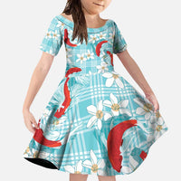 Turquoise Palaka Hawaii Aloha Family Matching Summer Maxi Dress and Hawaiian Shirt Koi Pond Mix Plumeria LT7 Daughter's Dress Turquoise - Polynesian Pride