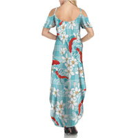 Turquoise Palaka Hawaii Aloha Family Matching Summer Maxi Dress and Hawaiian Shirt Koi Pond Mix Plumeria LT7 - Polynesian Pride