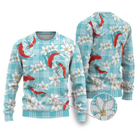 Turquoise Palaka Hawaii Aloha Ugly Christmas Sweater Koi Pond Mix Plumeria - Polynesian Pride