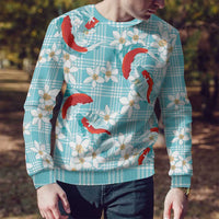 Turquoise Palaka Hawaii Aloha Ugly Christmas Sweater Koi Pond Mix Plumeria - Polynesian Pride