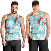 Turquoise Palaka Hawaii Aloha Men Tank Top Koi Pond Mix Plumeria - Polynesian Pride