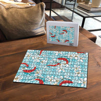 Turquoise Palaka Hawaii Aloha Puzzle Koi Pond Mix Plumeria - Polynesian Pride