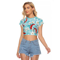 Turquoise Palaka Hawaii Aloha Raglan Cropped T Shirt Koi Pond Mix Plumeria - Polynesian Pride