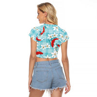 Turquoise Palaka Hawaii Aloha Raglan Cropped T Shirt Koi Pond Mix Plumeria - Polynesian Pride