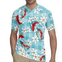 Turquoise Palaka Hawaii Aloha Rugby Jersey Koi Pond Mix Plumeria - Polynesian Pride