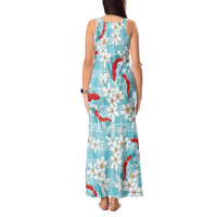 Turquoise Palaka Hawaii Aloha Tank Maxi Dress Koi Pond Mix Plumeria - Polynesian Pride