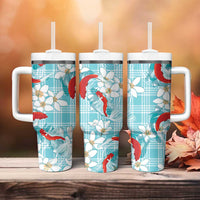 Turquoise Palaka Hawaii Aloha Tumbler With Handle Koi Pond Mix Plumeria - Polynesian Pride