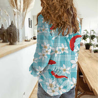 Turquoise Palaka Hawaii Aloha Women Casual Shirt Koi Pond Mix Plumeria - Polynesian Pride