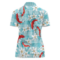 Turquoise Palaka Hawaii Aloha Women Polo Shirt Koi Pond Mix Plumeria - Polynesian Pride