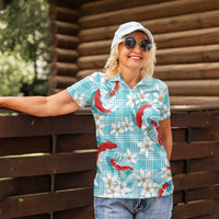 Turquoise Palaka Hawaii Aloha Women Polo Shirt Koi Pond Mix Plumeria - Polynesian Pride