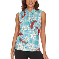 Turquoise Palaka Hawaii Aloha Women Sleeveless Polo Shirt Koi Pond Mix Plumeria - Polynesian Pride