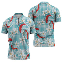Turquoise Palaka Hawaii Aloha Zipper Polo Shirt Koi Pond Mix Plumeria - Polynesian Pride