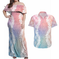 Hawaii Aloha Plumeria Lei Pastel Candy Palaka Couples Matching Off Shoulder Maxi Dress and Hawaiian Shirt - Polynesian Pride