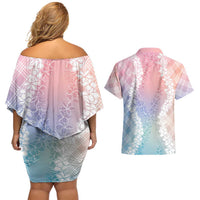 Hawaii Aloha Plumeria Lei Pastel Candy Palaka Couples Matching Off Shoulder Short Dress and Hawaiian Shirt - Polynesian Pride