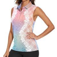 Hawaii Aloha Plumeria Lei Pastel Candy Palaka Women Sleeveless Polo Shirt - Polynesian Pride