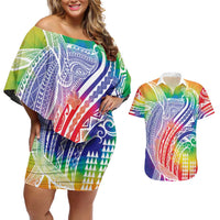 Aloha Pride Rainbow Tie Dye Couples Matching Off Shoulder Short Dress and Hawaiian Shirt Humpback Whale - Love is Love