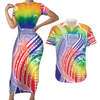Aloha Pride Rainbow Tie Dye Couples Matching Short Sleeve Bodycon Dress and Hawaiian Shirt Humpback Whale - Love is Love