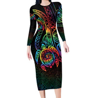 Hawaii Pride Family Matching Long Sleeve Bodycon Dress and Hawaiian Shirt Rainbow Swirls LT7 Mom's Dress Colorful - Polynesian Pride